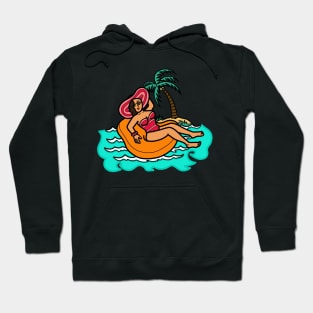 Young female woman in floatie beach summer tropical island Hoodie